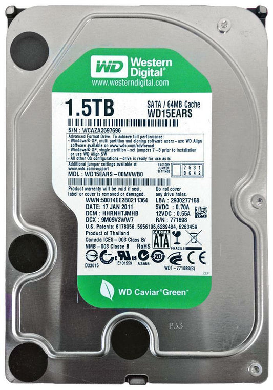 Western Digital Caviar Green WD15EARS 1.5 TB 1500GB 3.5" SATA Hard Drive HDD