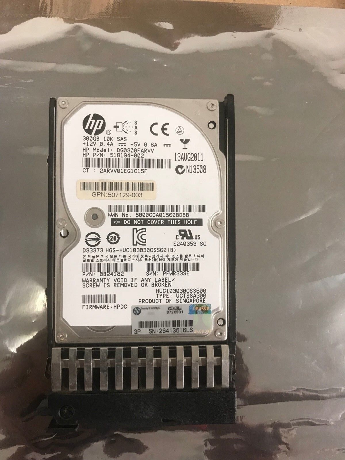 HP EG0300FBDBR 597609-001 GPN:507129-003 300GB 10K 6G 2.5" SAS HARD DRIVE tray