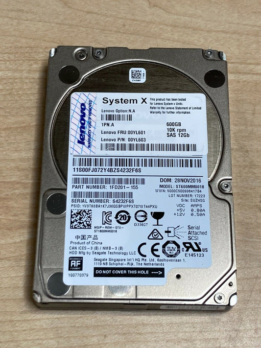 00YL601 IBM Lenovo 600GB 12G SAS 10K 2.5" SFF HDD Hard Drive 00YL603 1FD201-155