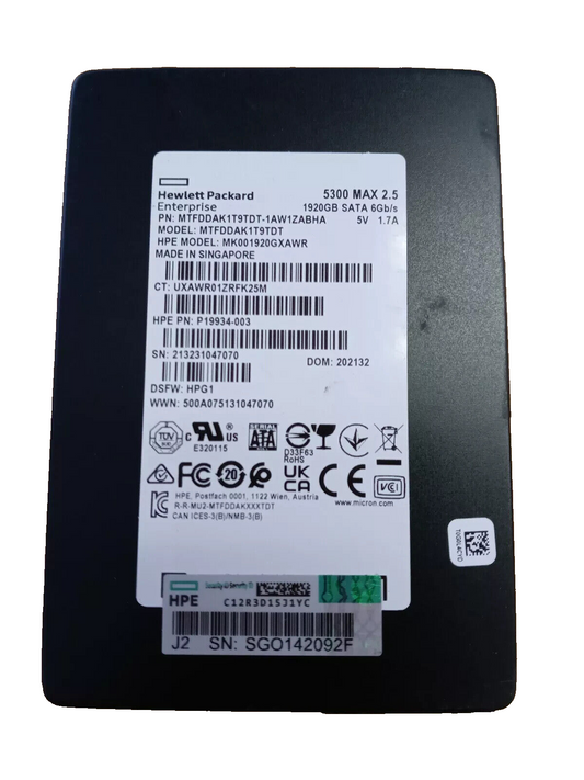 HP HPE 1.92TB 5300 MAX 2.5" SATA 6Gb/s SSD Solid Drive MTFDDAK1T9TDT P19934-003