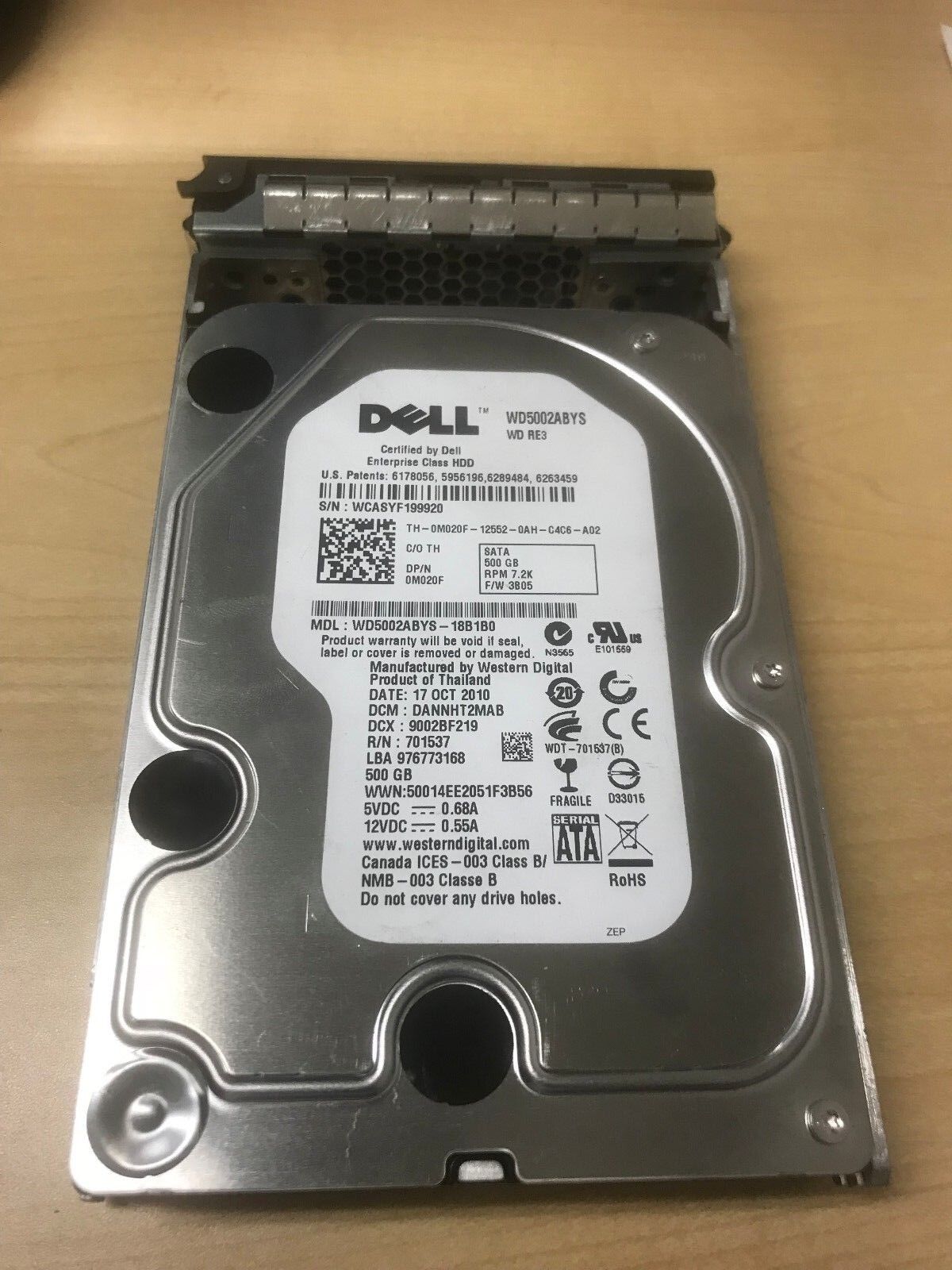 DELL M020F 500GB 7.2K SATA 3.5 LFF 3GBPS HDD W/TRAY X968D WD5002ABYS FOR PE R710