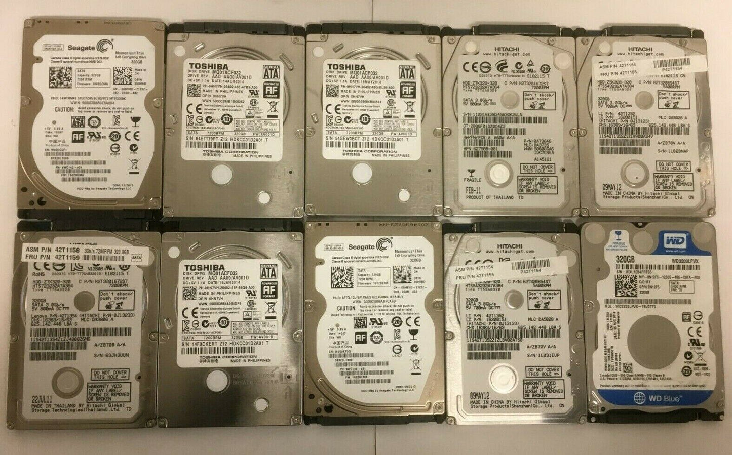 Lot of 10 Mix SLIM Seagate WD Toshiba Samsung 320GB 2.5" SATA Laptop Hard Drive