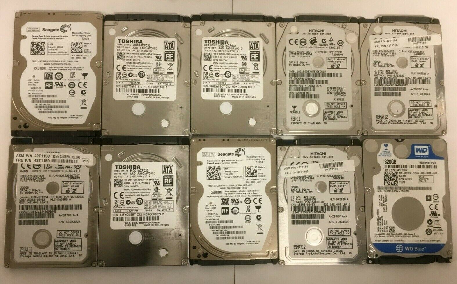 Lot of 10 Mix SLIM Seagate WD Toshiba Samsung 320GB 2.5" SATA Laptop Hard Drive
