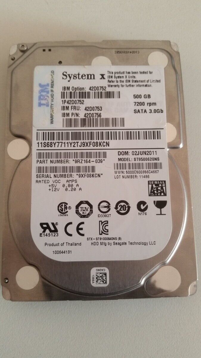 42D0756 42D0752 42D0753 IBM 500GB 3G 7.2K SFF 2.5'' SATA HDD