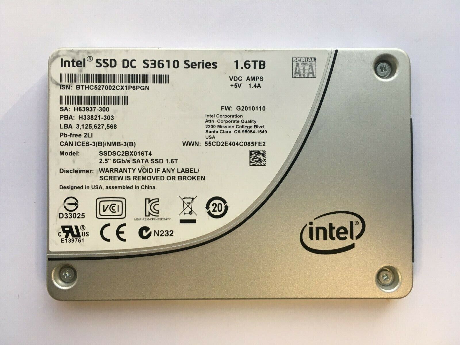 Intel SSDSC2BX016T4 1.6TB SSD DC S3610 6Gbps 2.5'' Solid State Drive HDD SATA