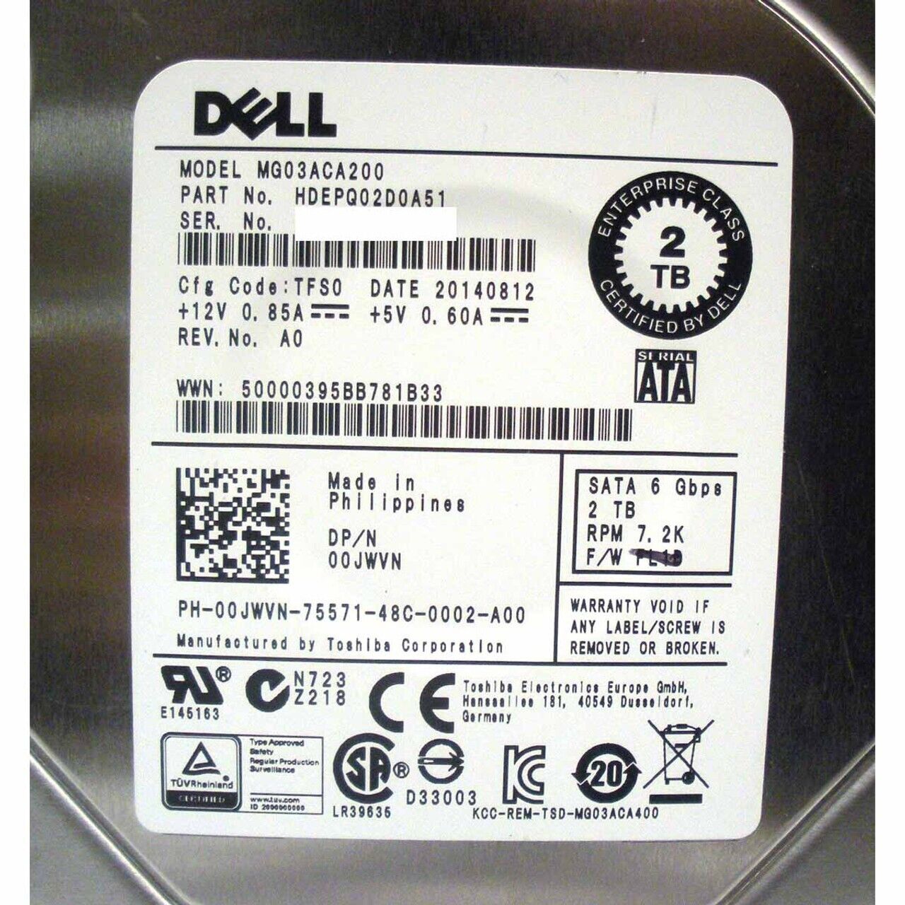 0JWVN 00JWVN DELL MG03ACA200 ENTERPRISE 2TB 7.2KRPM 6Gb/s 3.5"SATA HDD HardDrive