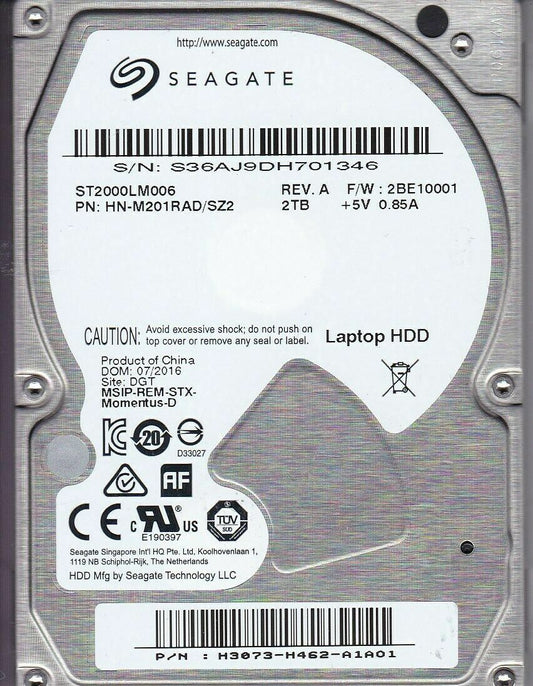 ST2000LM006 HN-M201RAD/SZ2 F/W: 2BE10001 DGT Seagate 2TB HDD Hard Drive