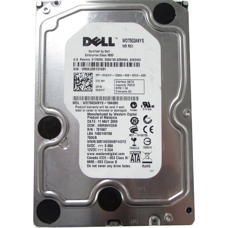 Dell 750GB 7.2K 3.5" SATA 0G631F G631F HDD HARD DRIVE