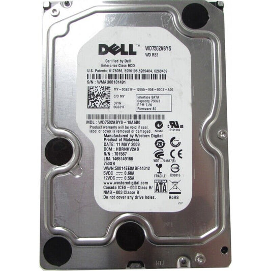 Dell 750GB 7.2K 3.5" SATA 0G631F G631F HDD HARD DRIVE