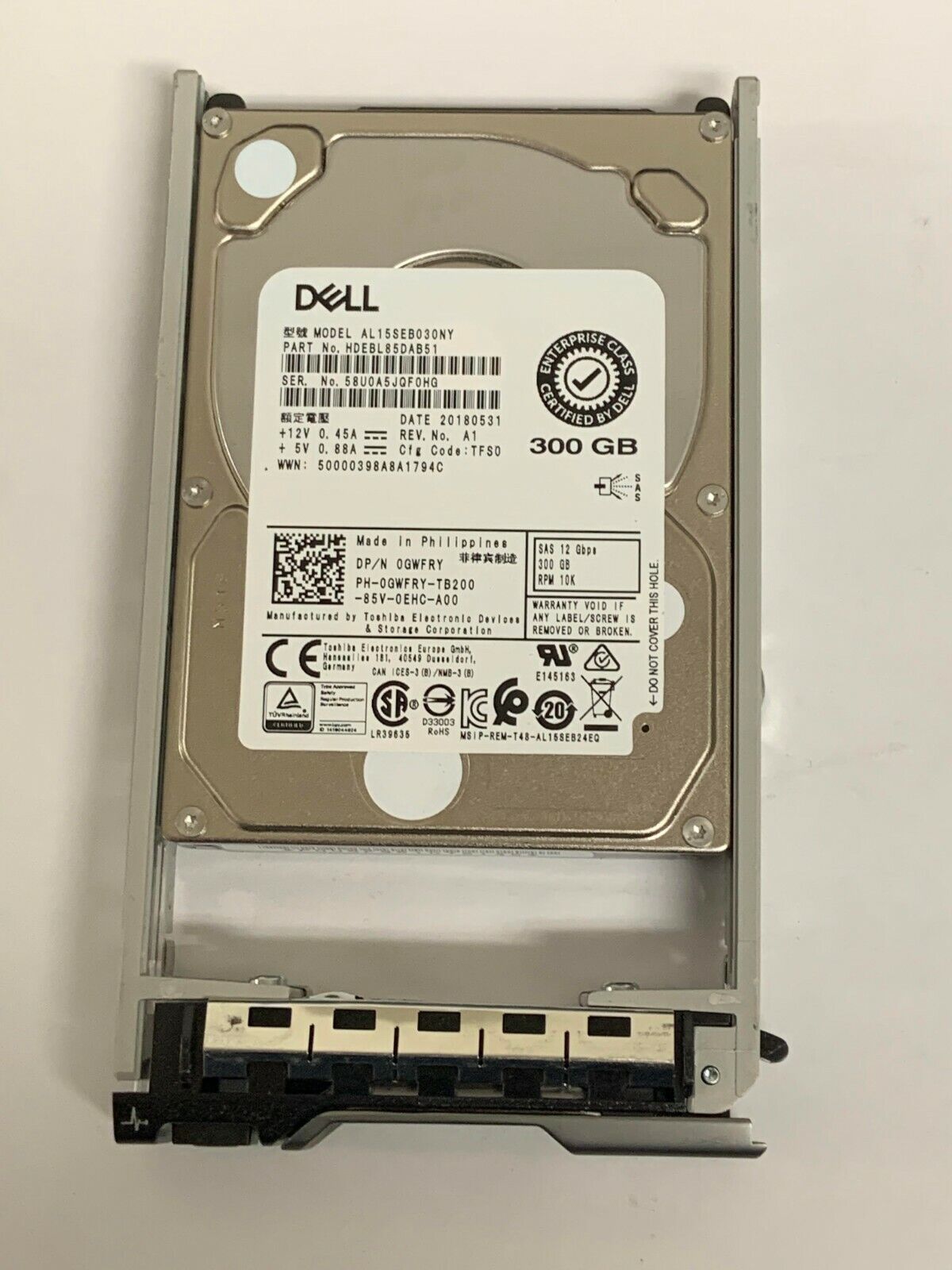 Dell GWFRY 300GB 10K SAS 12Gbps 2.5" HDD w/Tray  512e HDD  AL15SEB030NY 0GWFRY
