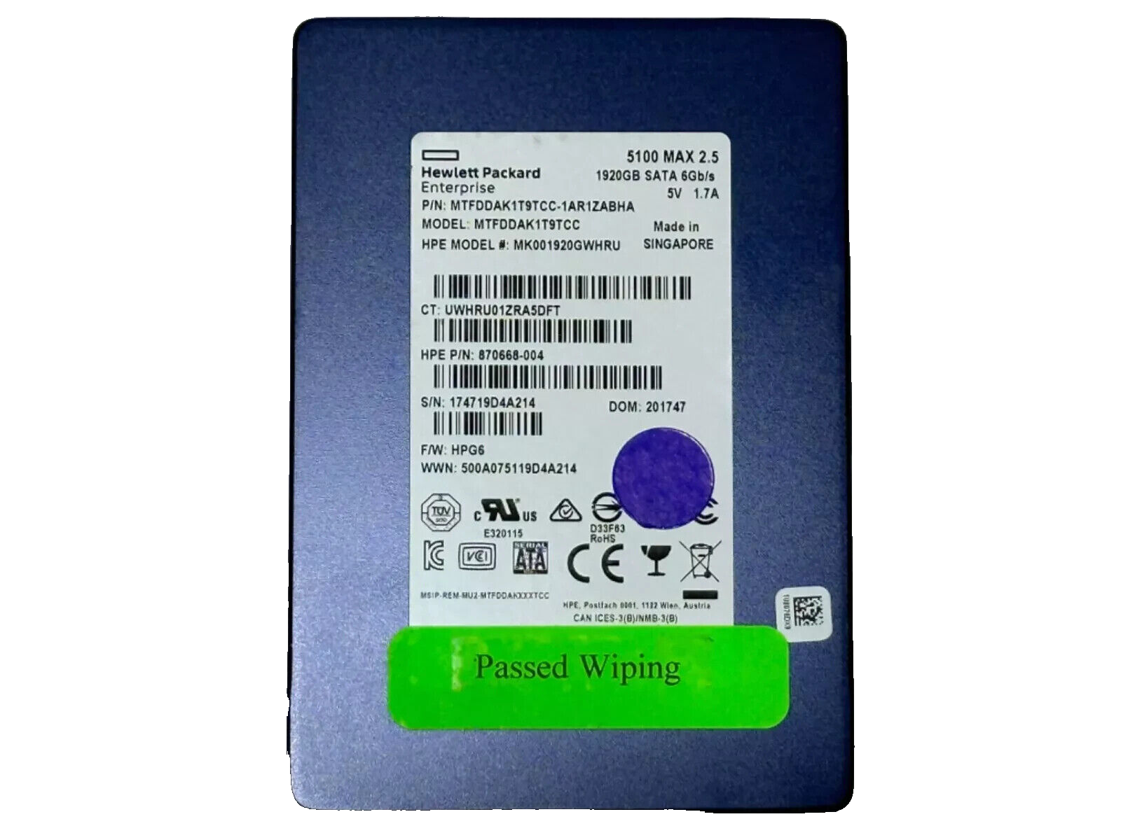 HP  5100 MAX 1.92TB 2.5" SATA SSD MTFDDAK1T9TCC 870668-004 Solid State Drive