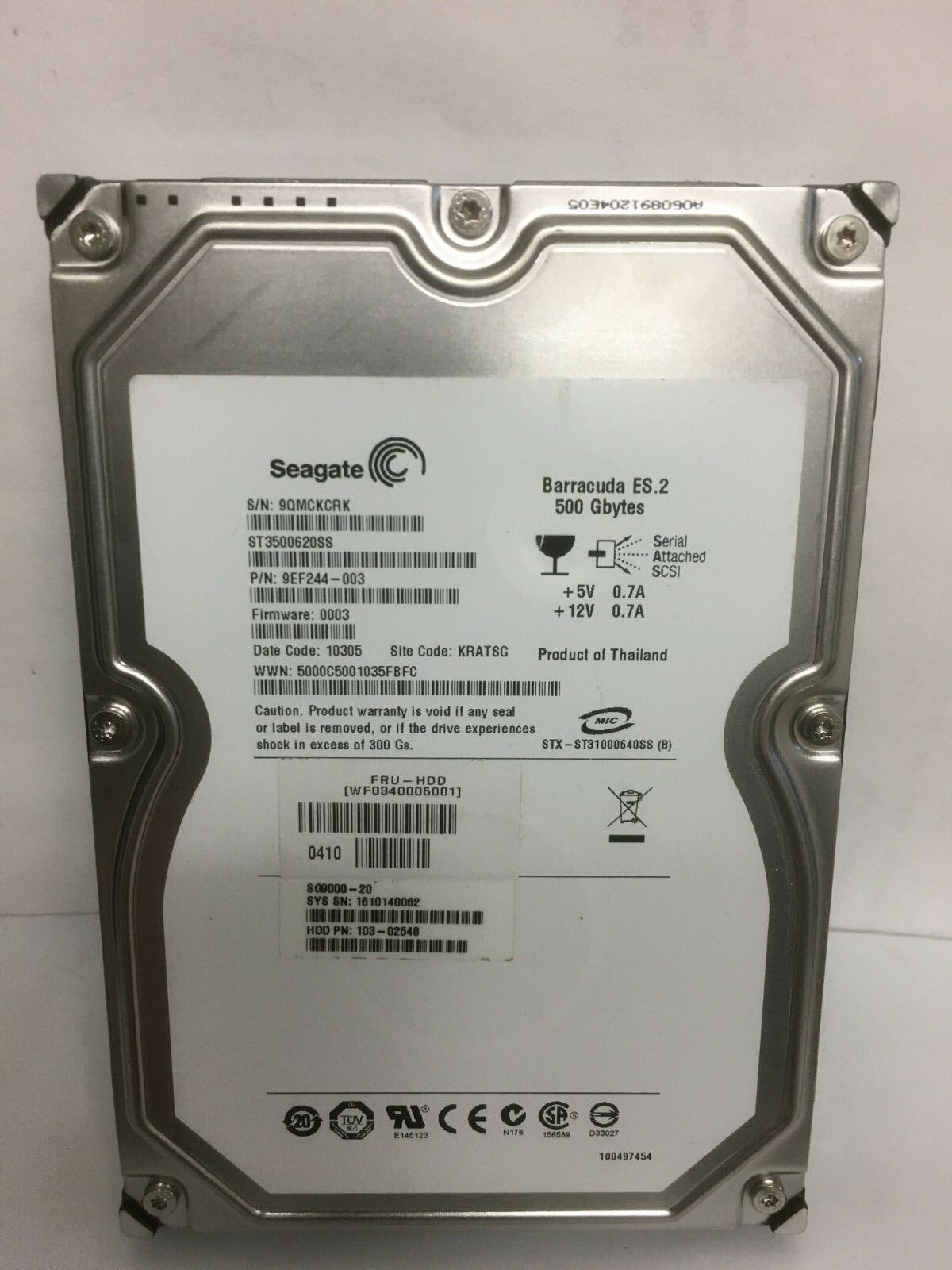 Seagate Barracuda ES2 ST3500620SS 500GB 72kRPM 3.5" SAS Server HDD PN 9EF244-003