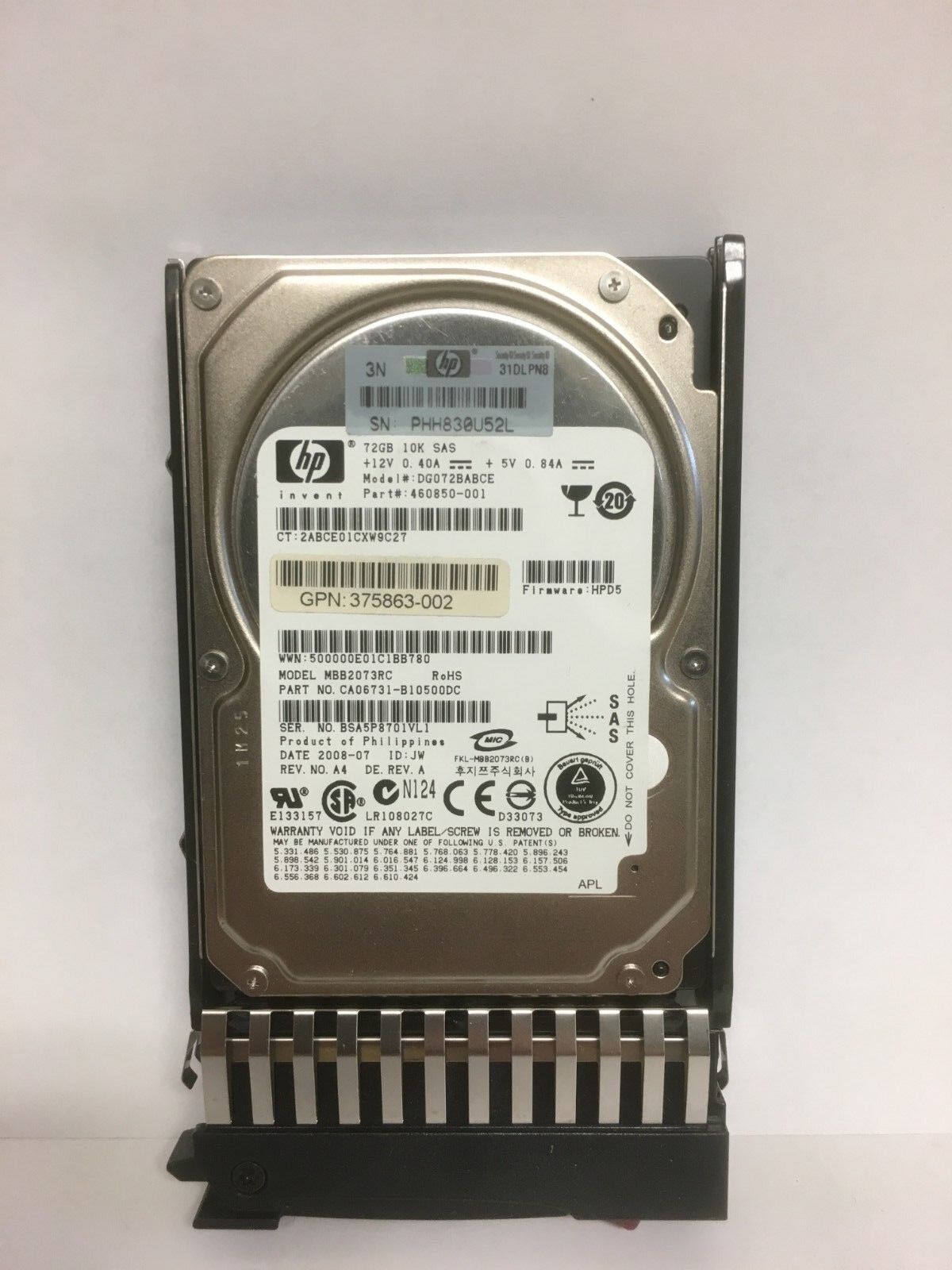 460850-001 HP 72GB 10K SAS SFF DP HDD DG072BABCE MBB2073RC